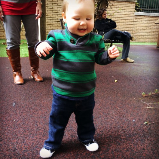 Showing off his walking skills when we visited his school last week. 
